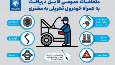 متعلقات عمومی قابل دریافت به همراه خودروی تحویلی به مشتری