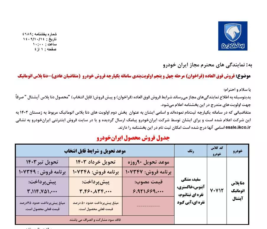 فروش فوری دنا پلاس توربو ویژه سامانه یکپارچه آغاز شد
