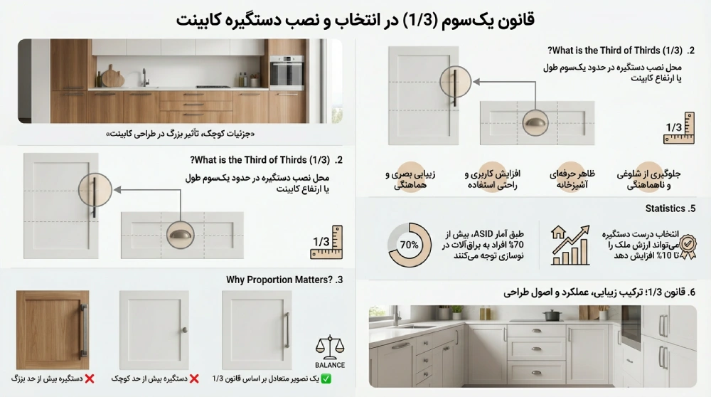 قانون یک‌سوم در انتخاب و نصب دستگیره کابینت: راهنمای کامل برای طراحی حرفه‌ای