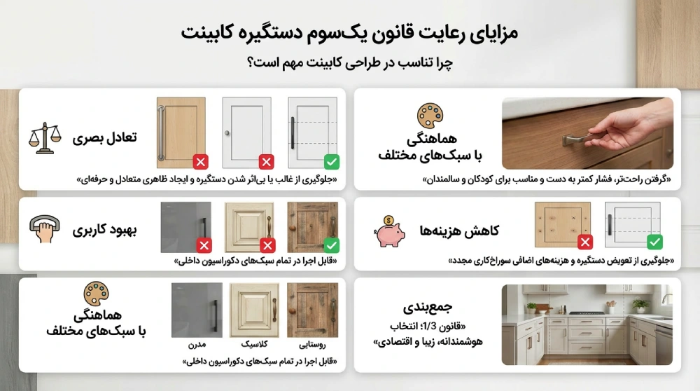 مزایای رعایت قانون یک ‌سوم در نصب دستگیره کابینت
