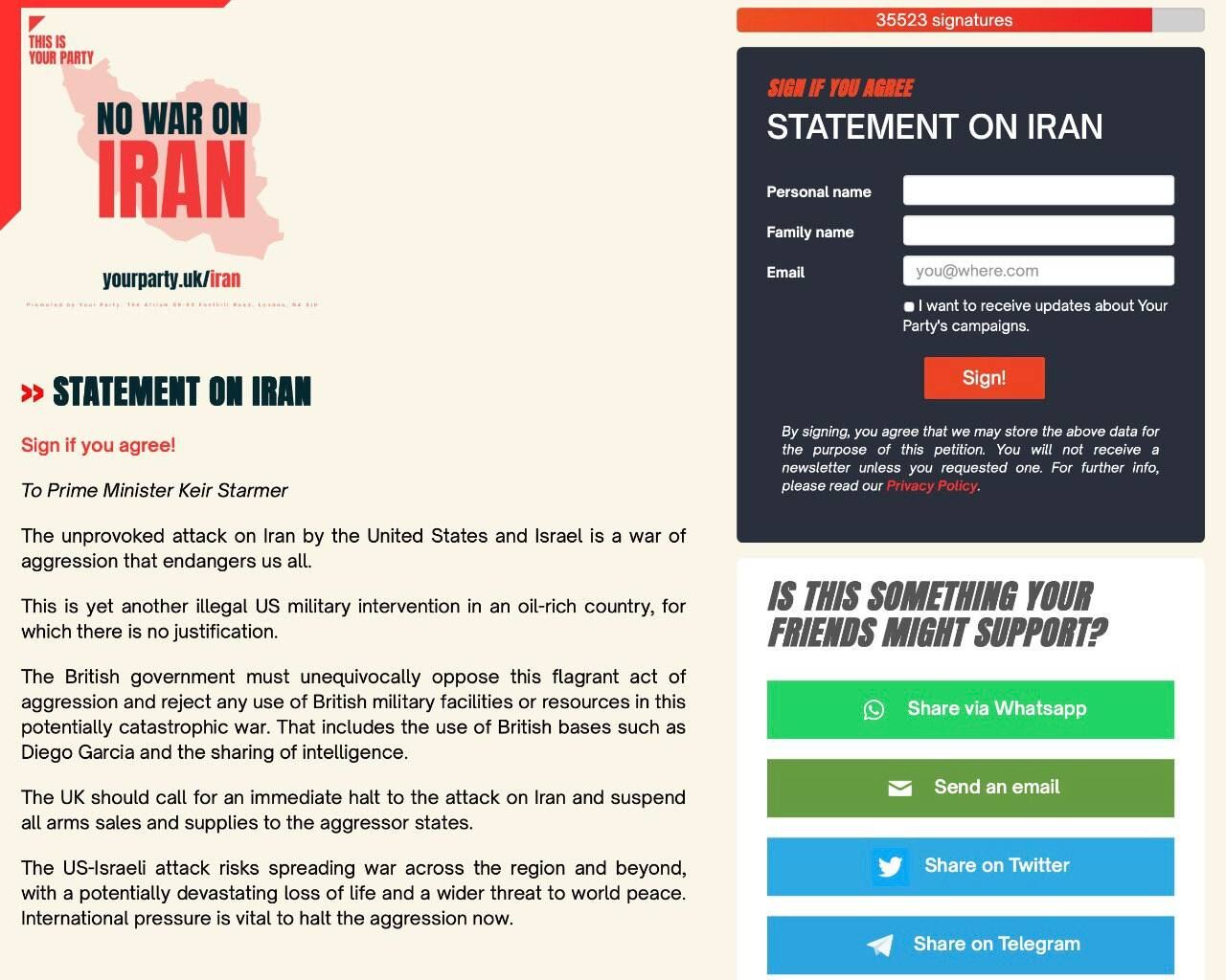 طومار حزب انگلیسی خطاب به استارمر برای توقف تجاوز علیه ایران