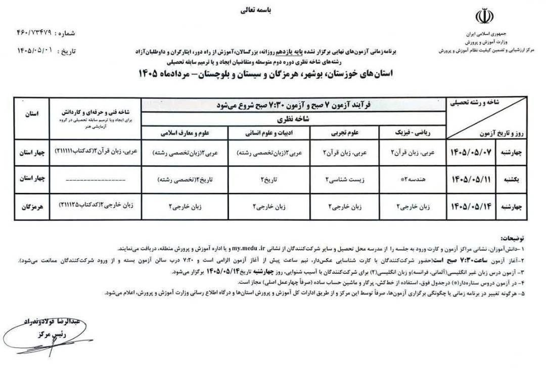 
برنامه امتحانات نهایی پایه یازدهم برگزار نشده استانهای خوزستان، بوشهر، هرمزگان و سیستان و بلوچستان اعلام شد.

به گزارش ایسنا،  مرکز ارزشیابی و تضمین کیفیت نظام آموزش و پرورش، برنامه امتحان نهایی استان‌های خوزستان، بوشهر، هرمزگان و سیستان‌وبلوچستان در پایه یازدهم را اعلام کرد.

این امتحانات در روزهای ۷ - ۱۱ و ۱۴ تیر برگزار می‌شود.

برنامه امتحانات نهایی پایه یازدهم 4 استان جنوبی اعلام شد

هرگونه تغییر در برنامه زمانی یا چگونگی برگزاری آزمونها صرفاً توسط این مرکز و از طریق ادارات کل آموزش و پرورش استانها و درگاه اطلاع رسانی وزارت آموزش و پرورش اعلام میشود.